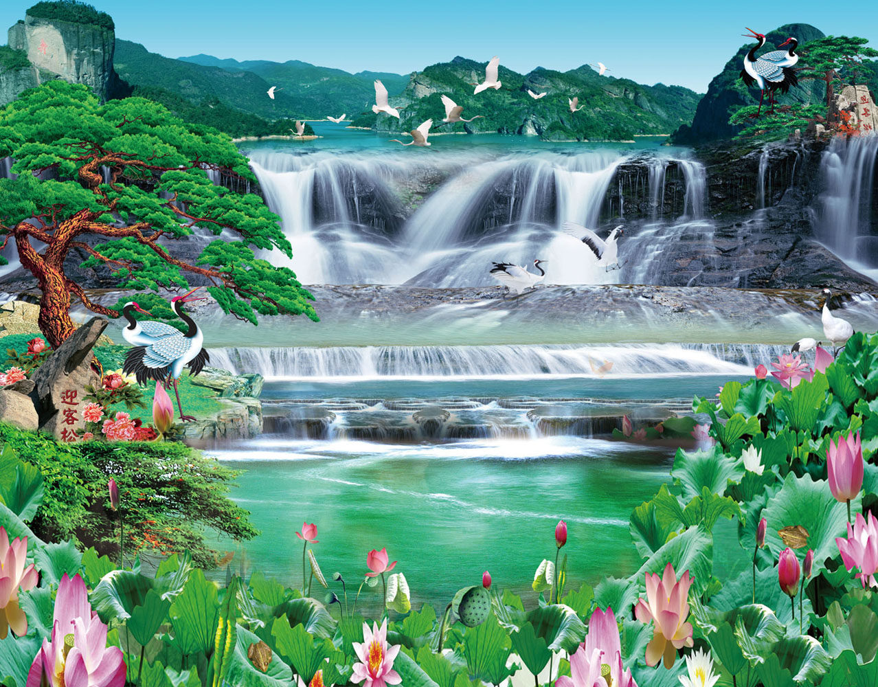 628海报印制海报展板素材875迎客松仙鹤山水风景画