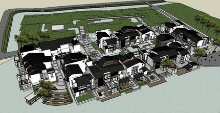 中式休闲度假别墅群建筑模型新SU草图大师sketchup园林景观素材库