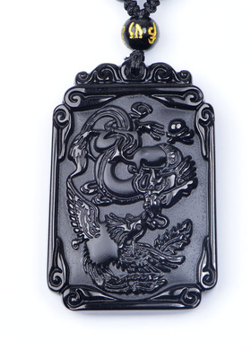 2026年天然乌金黑曜石龙凤福缘吊坠黑曜石项链男女礼物