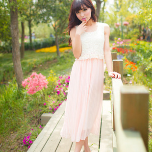 清仓特卖花炮大叔甜美糖果色上身蕾丝下身百褶雪纺背心裙连衣长裙