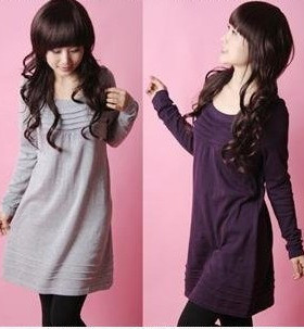 589#韩版圆领裥褶中长款长袖针织衫/针织裙 32元 紫色（4色入）