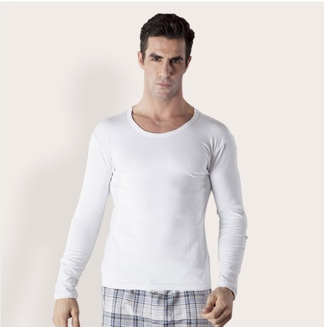2件包邮 男士纯棉莱卡内衣单件上衣 紧身保暖秋衣长袖白色打底衫