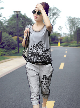 2017夏季新款网纱短袖韩版时尚大码两件套女装休闲运动套装女夏装