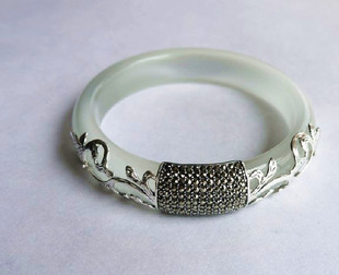 纯银刻花镶嵌水钻猫眼玉髓玛瑙手镯男女时尚饰品特价生日礼品