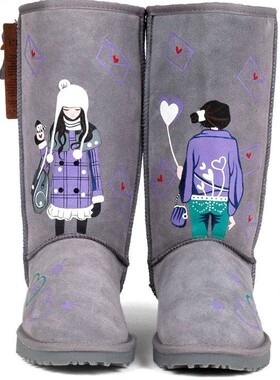 手绘雪地靴女冬韩版平跟真皮高筒防水加厚保暖涂鸦灰色休闲雪地靴