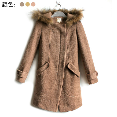 品牌撤柜貉子毛领连帽呢料外套