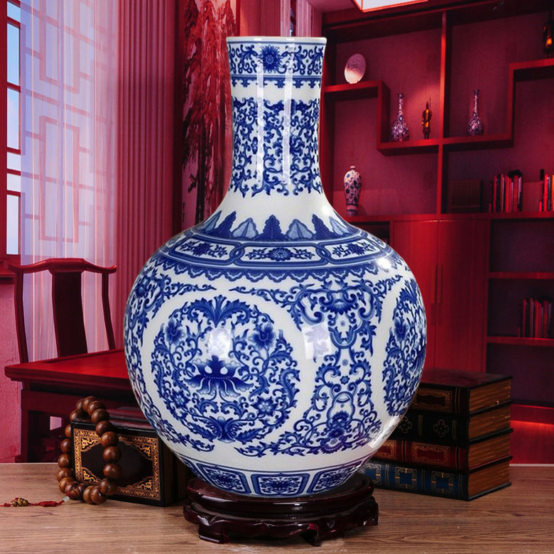 景德镇陶瓷器 仿古青花瓷釉中彩落地大花瓶 现代时尚家居客厅摆设