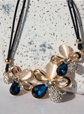 花朵水钻蓝宝石金色镂空毛衣链