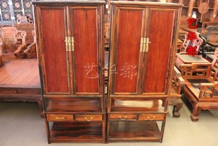 仙游红木古典家具 实木简易衣柜 大红酸枝独板素面双层圆角柜一对