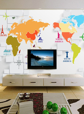 16D工艺世界地图壁画客厅沙发电视背景墙纸无缝墙布墙砖涂灰壁纸