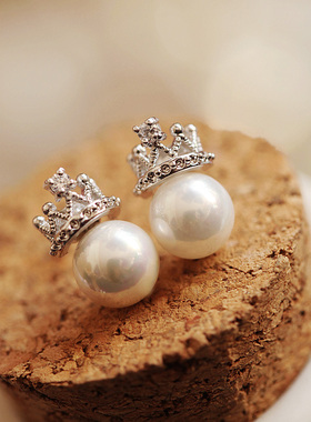 E408 韩国满钻精致皇冠珍珠耳钉 微镶锆石耳饰耳环 女 厂家直销