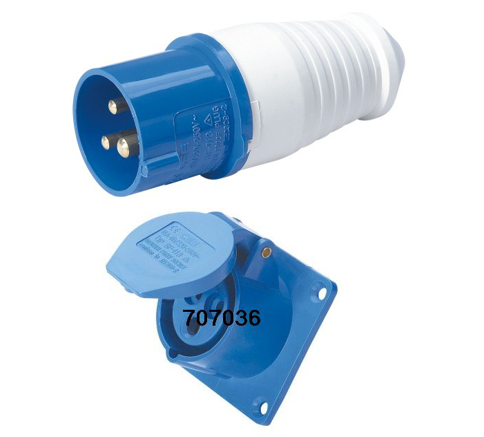尼龙工业插头插座 国际CE安全认证。本产品与国际上其它厂商同类型号的元器件兼容互配，是完全代替电动机插头、插座的新型接插装置。IS60309系列 16A/32A 3芯配套插座箱使用 IP44