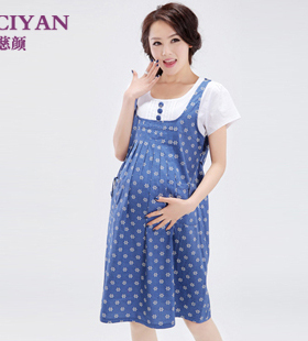 慈颜CIYAN韩版夏季假两件印花短袖孕妇裙夏装连衣裙孕妇夏Y605