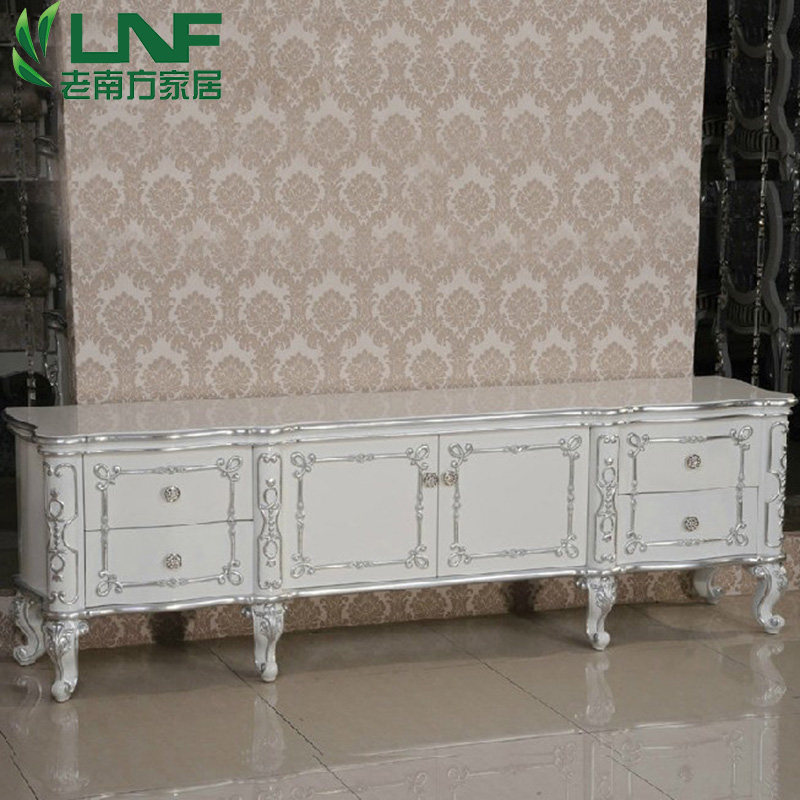 新古典实木客厅电视柜欧式简约储物柜白色烤漆法式地柜银箔整装