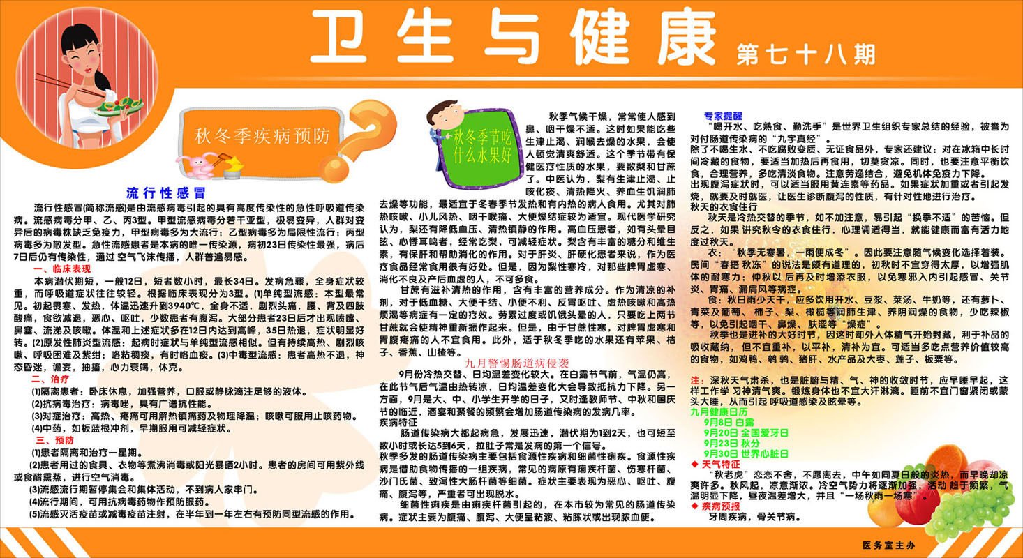 209海报印制297卫生与健康宣传栏流行性感冒秋冬季节吃什么水果好