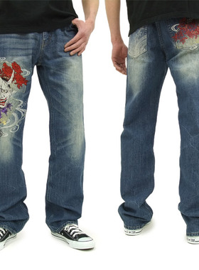 络缲魂KARAKURI和柄浮世绘般若刺绣男式牛仔长裤直筒宽松