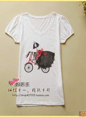 Eta*,棉+莫代尔,骑单车的小新娘,白色V领短袖-S/M/L#ab097