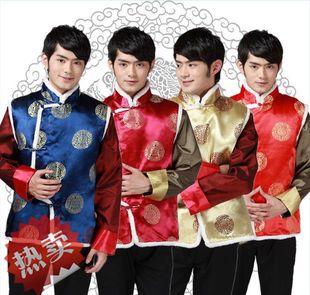新年表演服男式唐装棉马甲男士棉背心毛边中式演出服大红