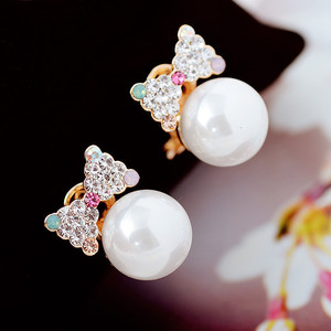 淘宝热卖耳饰 韩版可爱精致满钻蝴蝶结珍珠耳钉 耳环