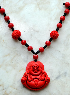 新款民族风中国大红色朱砂漆雕女款项链颈链饰品弥勒佛珠福字保佑