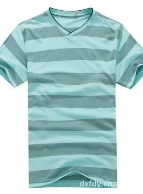 A145浅绿色专柜正品时尚男装/夏季男款条纹V领男短袖T恤