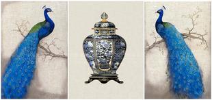 欧式客厅三联装饰油布画芯新古典样板间餐厅玄关挂画墙壁画蓝孔雀