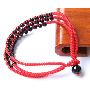 天然黑曜石红绳手链 黑曜石手编红绳手链 黑曜石三生绳手链
