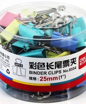 得力8554彩色长尾票夹 长尾夹 燕尾夹 25MM  筒装 48只/盒