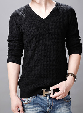 春秋季男士毛衣薄款V领纯色线衣男装修身黑色打底针织衫大码小衫