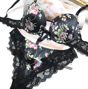 包邮精品蕾丝缎面印花上薄下厚聚拢性感深V女士秋冬内衣文胸套装