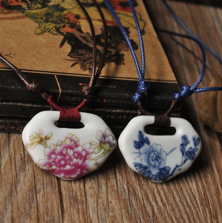 景德镇陶瓷饰品荷花款,牡丹款项链多款粉彩首饰可选带绳调节