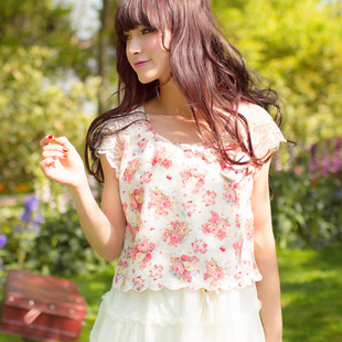 清仓特卖花炮大叔蔷薇碎花镂空蕾丝领蝴蝶结波浪边宽松短款罩衫