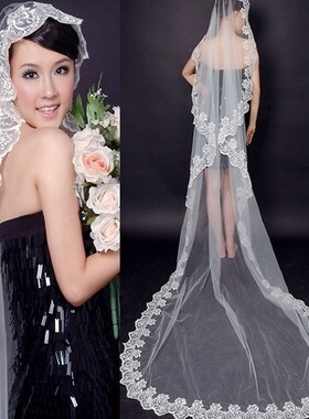 韩式红色新娘结婚婚纱头纱蕾丝
