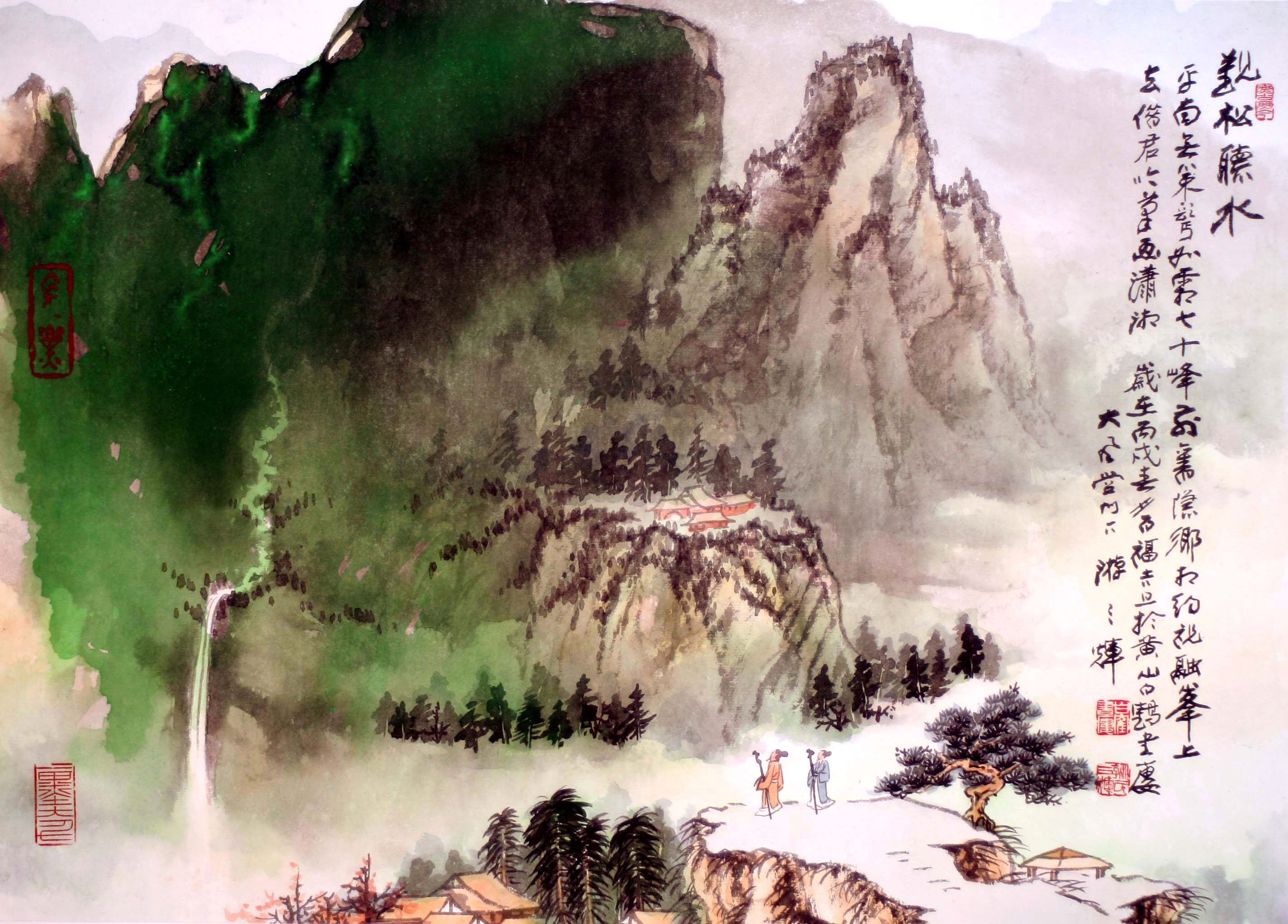 海报印制352展板素材33观松听水图江南水乡国画文化艺术