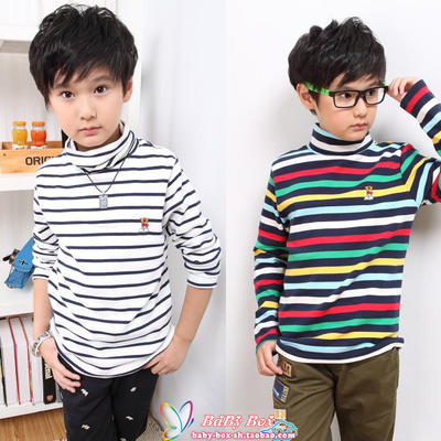 男童加厚高领全棉条纹针织衫