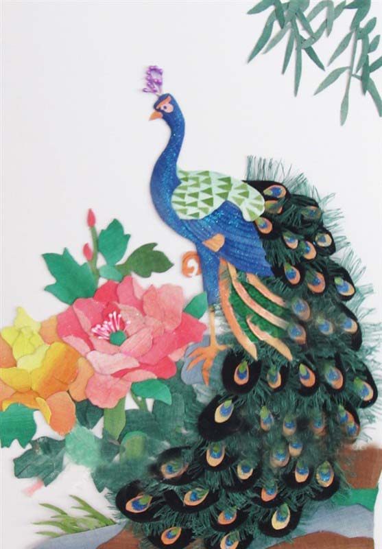 布贴画材料包手工diy布艺贴画创意家饰花鸟贴布画制作绿孔雀竞艳