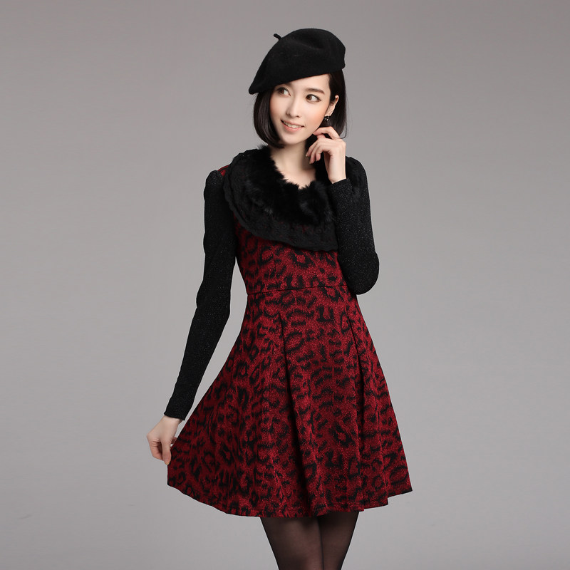 2016秋装新款女装裙子韩版修身长袖优雅气质连衣裙打底中长裙毛领