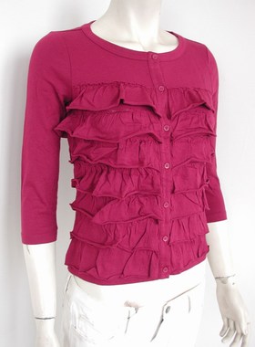 Ann.TayLor紫色黑色 纯棉前胸木耳边开身七分袖T恤平胸女开衫特惠