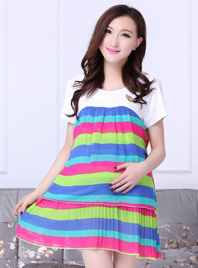 慈颜 夏季拼接棉短袖T恤 韩版孕妇裙圆领雪纺大码女装XSMM83217