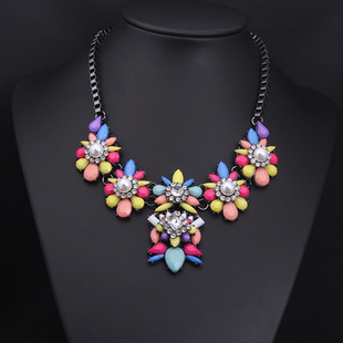 欧美大牌 彩色宝石水晶钻珍珠短项链锁骨夸张女时尚配饰品