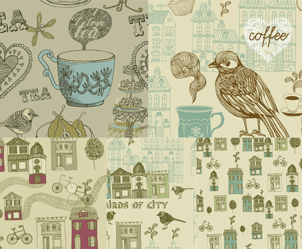 矢量设计素材 复古手绘风格鸟欧美城市自行车咖啡 EPS格式源文件