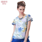 Fine bi Linda 2015 spring/summer new women|s Europe and flounces Joker t mosaic print chiffon shirt short sleeve women-