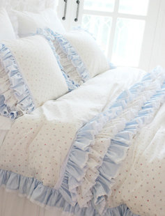 게으른휴가︱欧美粉蓝白色小碎花玫瑰花朵多层荷叶边甜美床品件套