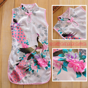 2019新款唐装女儿童夏季旗袍裙公主裙连衣裙六一表演服装孔雀旗袍