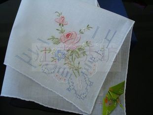 江南绣坊 纯手工潮汕抽纱刺绣彩色绣花手帕纯棉薄款手绢 永恒玫瑰