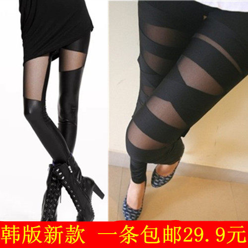 韩版新款拼接春秋性感夜店显瘦网纱薄款不规则捆绑9分打底裤女潮