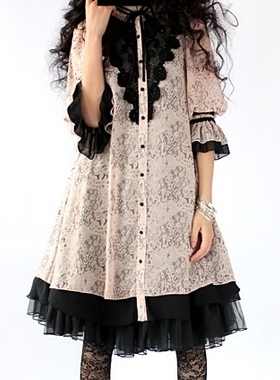 高端定制  复古高贵 洛丽塔款雪纺灯笼袖立领长衫式连衣裙