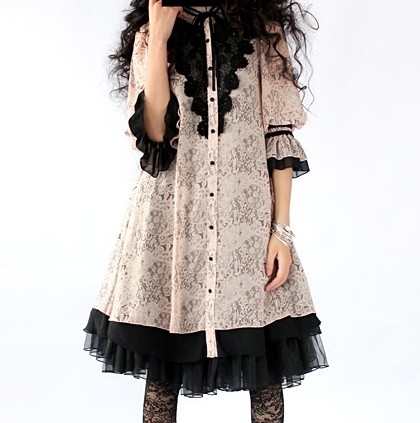 复古高贵洛丽塔雪纺立领连衣裙