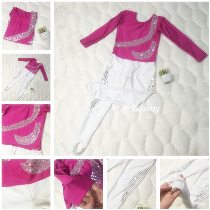 儿童体操服连体广播体操比赛专用服亮片双色拼接演出服长短袖定制