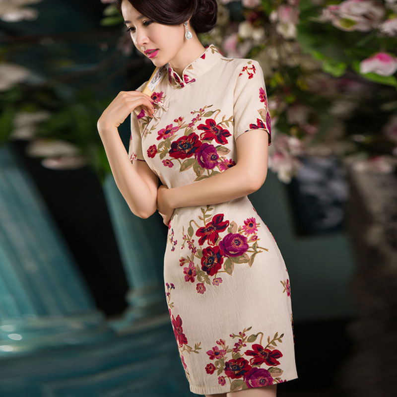 春夏新款女装复古印花修身大码改良短袖日常短款旗袍连衣裙 1653